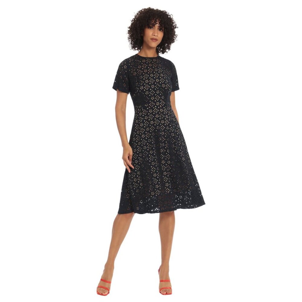 NWT Maggy London Womens Size 14 Navy Jewel Neck Eyelet Fit Flare Midi Dress NEW